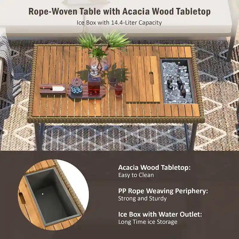 Ensemble de mobilier de jardin en corde 6 pièces, canapé d'angle d'extérieur en forme de L, table en bois avec glacière intégrée, fauteuil et banc en corde