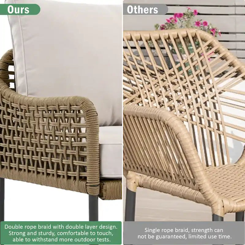 Ensemble de mobilier de jardin en corde 6 pièces, canapé d'angle d'extérieur en forme de L, table en bois avec glacière intégrée, fauteuil et banc en corde