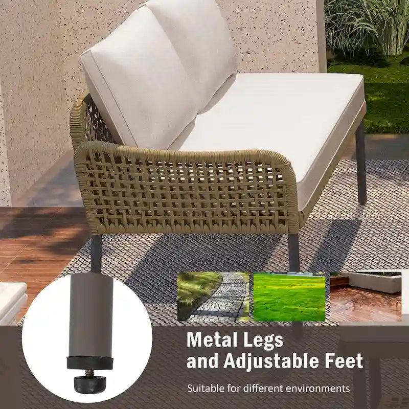 Ensemble de mobilier de jardin en corde 6 pièces, canapé d'angle d'extérieur en forme de L, table en bois avec glacière intégrée, fauteuil et banc en corde