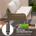 Ensemble de mobilier de jardin en corde 6 pièces, canapé d'angle d'extérieur en forme de L, table en bois avec glacière intégrée, fauteuil et banc en corde