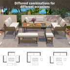 Ensemble de mobilier de jardin en corde 6 pièces, canapé d'angle d'extérieur en forme de L, table en bois avec glacière intégrée, fauteuil et banc en corde