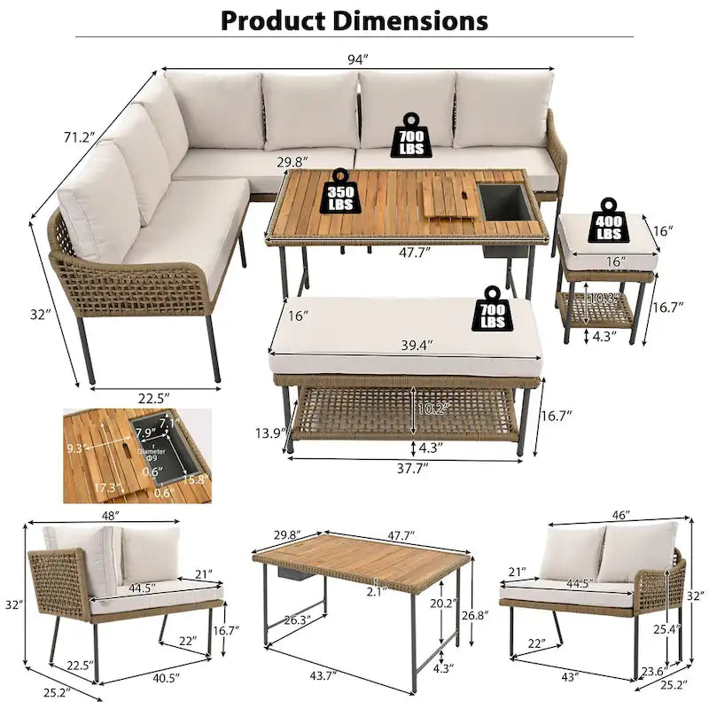 Ensemble de mobilier de jardin en corde 6 pièces, canapé d'angle d'extérieur en forme de L, table en bois avec glacière intégrée, fauteuil et banc en corde