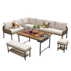 Ensemble de mobilier de jardin en corde 6 pièces, canapé d'angle d'extérieur en forme de L, table en bois avec glacière intégrée, fauteuil et banc en corde
