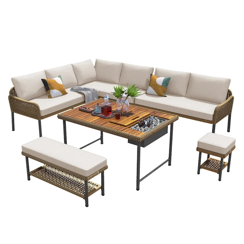Ensemble de mobilier de jardin en corde 6 pièces, canapé d'angle d'extérieur en forme de L, table en bois avec glacière intégrée, fauteuil et banc en corde