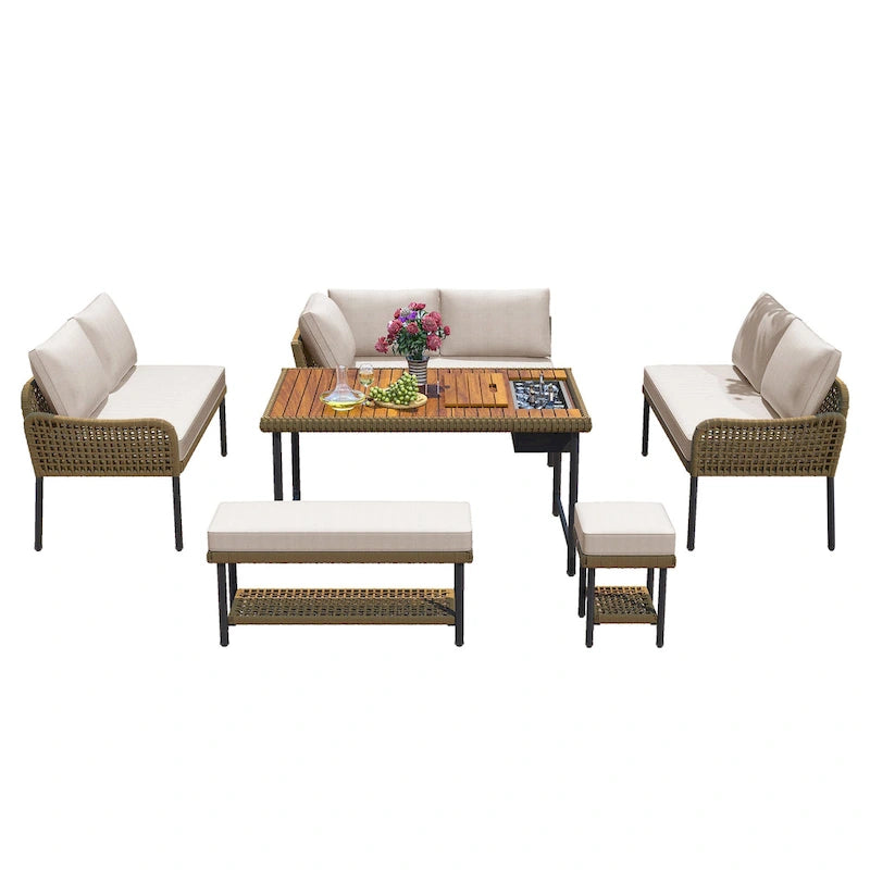 Ensemble de mobilier de jardin en corde 6 pièces, canapé d'angle d'extérieur en forme de L, table en bois avec glacière intégrée, fauteuil et banc en corde