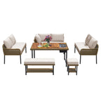 Ensemble de mobilier de jardin en corde 6 pièces, canapé d'angle d'extérieur en forme de L, table en bois avec glacière intégrée, fauteuil et banc en corde