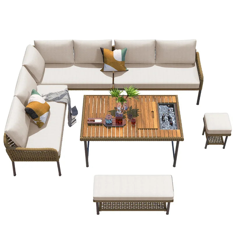 Ensemble de mobilier de jardin en corde 6 pièces, canapé d'angle d'extérieur en forme de L, table en bois avec glacière intégrée, fauteuil et banc en corde