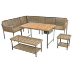 Ensemble de mobilier de jardin en corde 6 pièces, canapé d'angle d'extérieur en forme de L, table en bois avec glacière intégrée, fauteuil et banc en corde