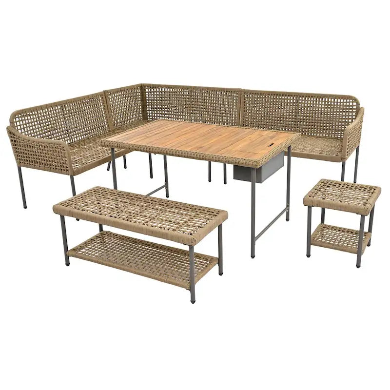 Ensemble de mobilier de jardin en corde 6 pièces, canapé d'angle d'extérieur en forme de L, table en bois avec glacière intégrée, fauteuil et banc en corde