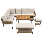 Ensemble de mobilier de jardin en corde 6 pièces, canapé d'angle d'extérieur en forme de L, table en bois avec glacière intégrée, fauteuil et banc en corde