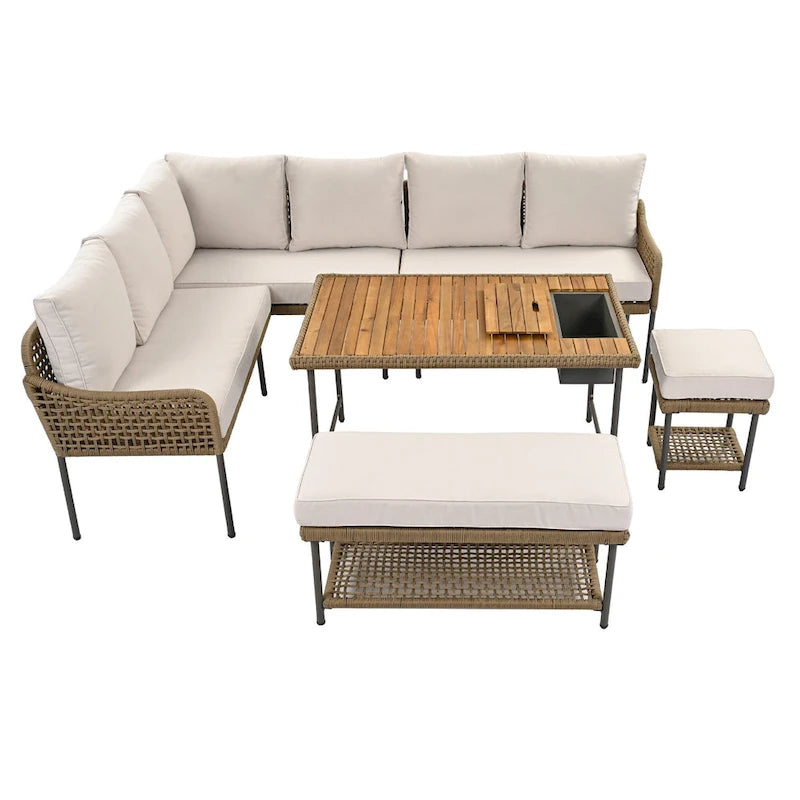 Ensemble de mobilier de jardin en corde 6 pièces, canapé d'angle d'extérieur en forme de L, table en bois avec glacière intégrée, fauteuil et banc en corde