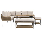 Ensemble de mobilier de jardin en corde 6 pièces, canapé d'angle d'extérieur en forme de L, table en bois avec glacière intégrée, fauteuil et banc en corde