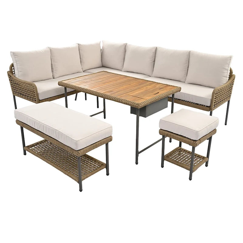 Ensemble de mobilier de jardin en corde 6 pièces, canapé d'angle d'extérieur en forme de L, table en bois avec glacière intégrée, fauteuil et banc en corde
