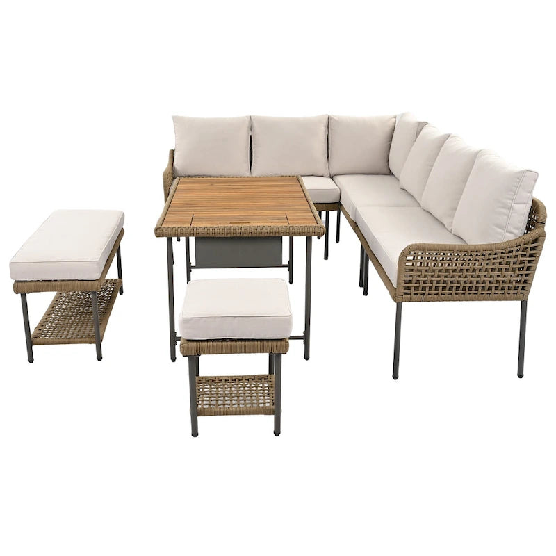 Ensemble de mobilier de jardin en corde 6 pièces, canapé d'angle d'extérieur en forme de L, table en bois avec glacière intégrée, fauteuil et banc en corde