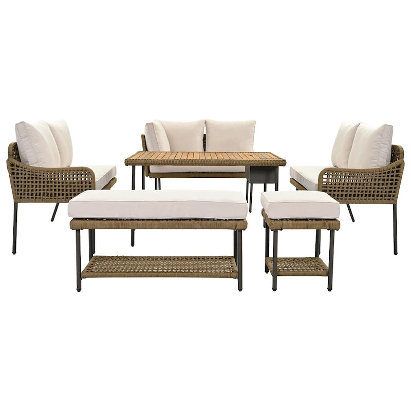 Ensemble de mobilier de jardin en corde 6 pièces, canapé d'angle d'extérieur en forme de L, table en bois avec glacière intégrée, fauteuil et banc en corde