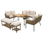 Ensemble de mobilier de jardin en corde 6 pièces, canapé d'angle d'extérieur en forme de L, table en bois avec glacière intégrée, fauteuil et banc en corde