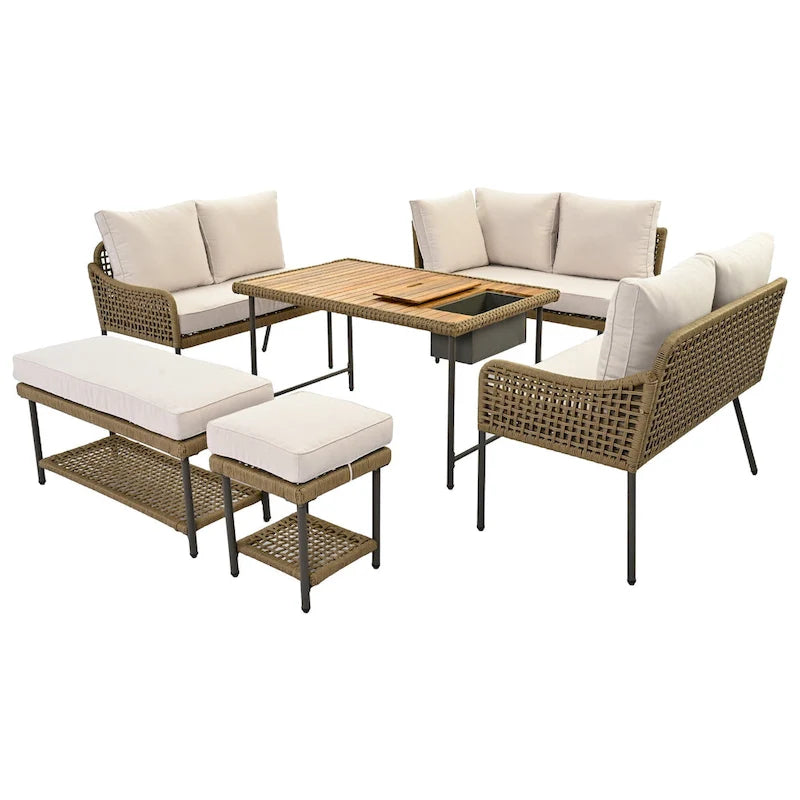 Ensemble de mobilier de jardin en corde 6 pièces, canapé d'angle d'extérieur en forme de L, table en bois avec glacière intégrée, fauteuil et banc en corde