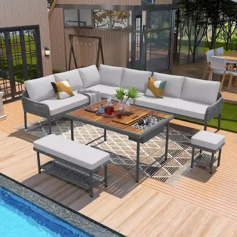 Ensemble de mobilier de jardin en corde 6 pièces, canapé d'angle d'extérieur en forme de L, table en bois avec glacière intégrée, fauteuil et banc en corde