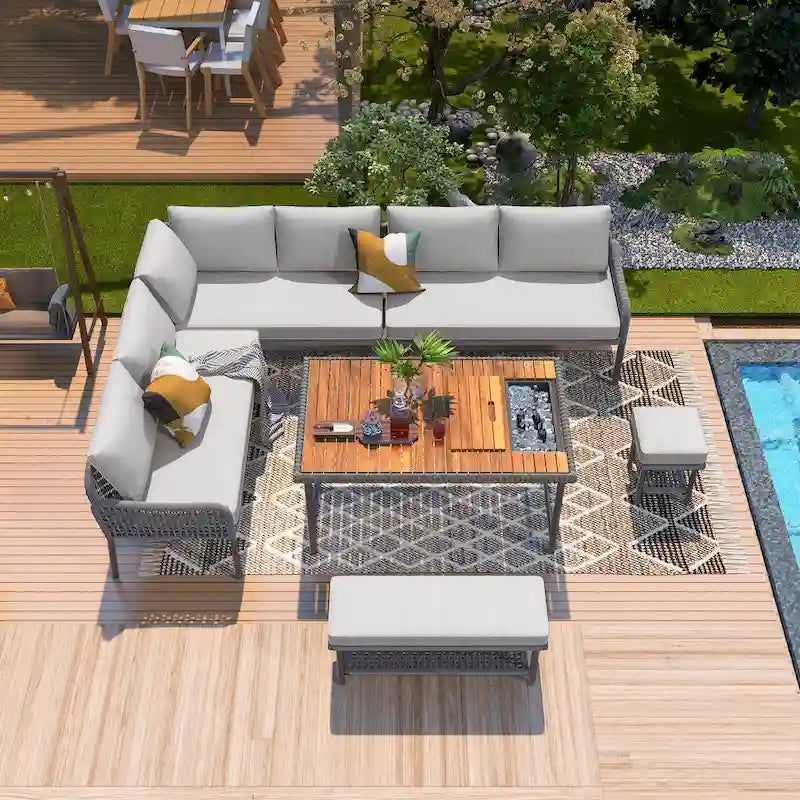 Ensemble de mobilier de jardin en corde 6 pièces, canapé d'angle d'extérieur en forme de L, table en bois avec glacière intégrée, fauteuil et banc en corde