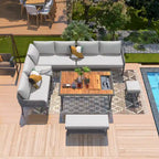 Ensemble de mobilier de jardin en corde 6 pièces, canapé d'angle d'extérieur en forme de L, table en bois avec glacière intégrée, fauteuil et banc en corde