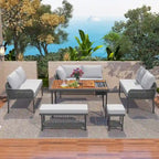 Ensemble de mobilier de jardin en corde 6 pièces, canapé d'angle d'extérieur en forme de L, table en bois avec glacière intégrée, fauteuil et banc en corde