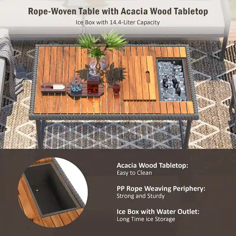 Ensemble de mobilier de jardin en corde 6 pièces, canapé d'angle d'extérieur en forme de L, table en bois avec glacière intégrée, fauteuil et banc en corde