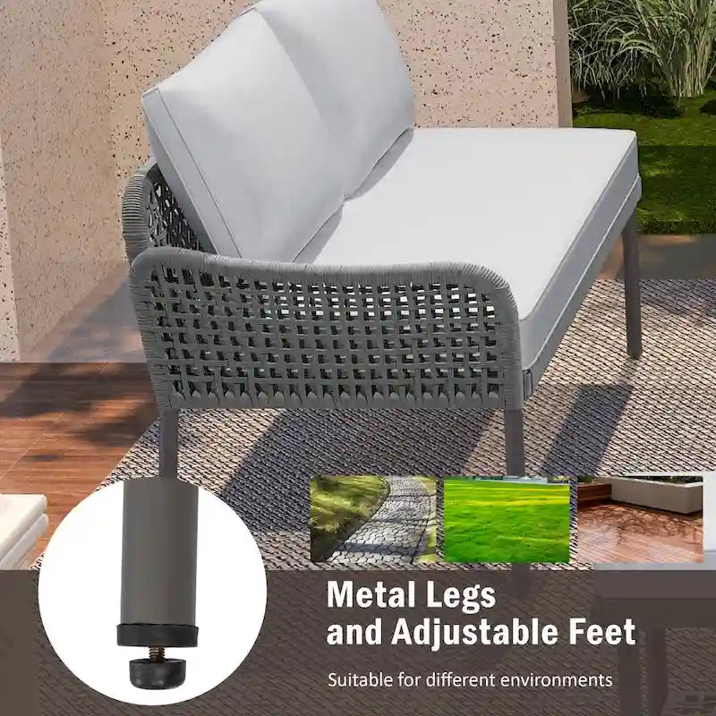Ensemble de mobilier de jardin en corde 6 pièces, canapé d'angle d'extérieur en forme de L, table en bois avec glacière intégrée, fauteuil et banc en corde