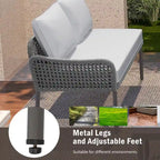 Ensemble de mobilier de jardin en corde 6 pièces, canapé d'angle d'extérieur en forme de L, table en bois avec glacière intégrée, fauteuil et banc en corde