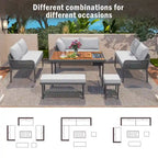 Ensemble de mobilier de jardin en corde 6 pièces, canapé d'angle d'extérieur en forme de L, table en bois avec glacière intégrée, fauteuil et banc en corde