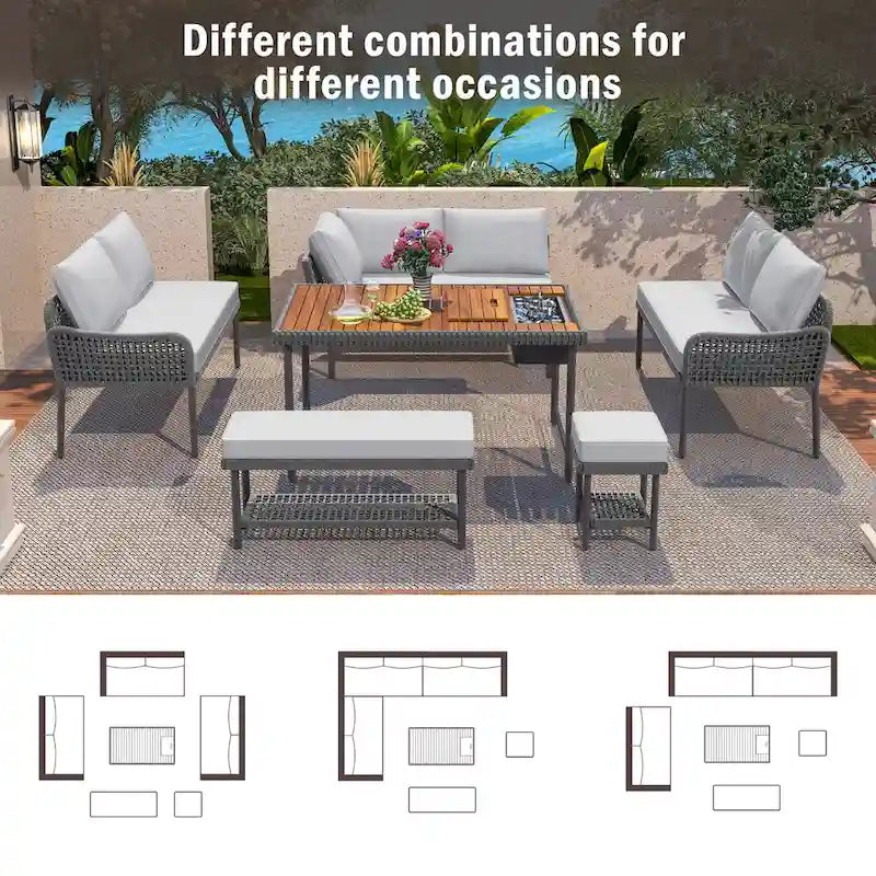 Ensemble de mobilier de jardin en corde 6 pièces, canapé d'angle d'extérieur en forme de L, table en bois avec glacière intégrée, fauteuil et banc en corde