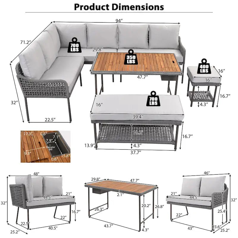 Ensemble de mobilier de jardin en corde 6 pièces, canapé d'angle d'extérieur en forme de L, table en bois avec glacière intégrée, fauteuil et banc en corde