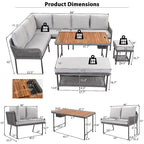 Ensemble de mobilier de jardin en corde 6 pièces, canapé d'angle d'extérieur en forme de L, table en bois avec glacière intégrée, fauteuil et banc en corde