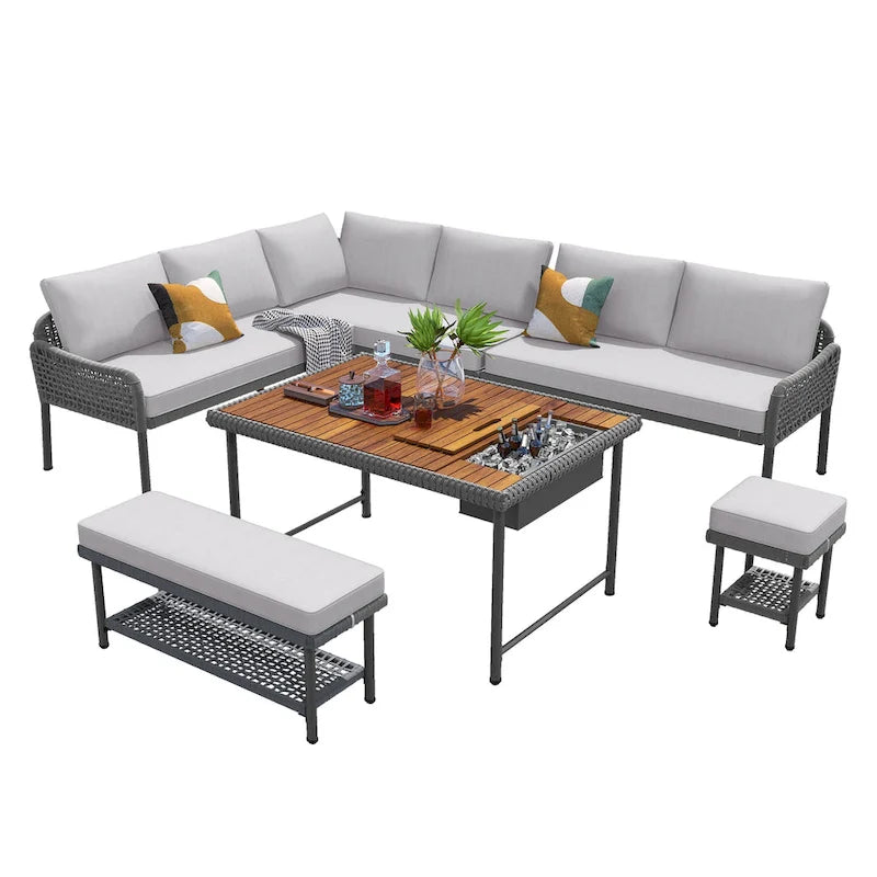 Ensemble de mobilier de jardin en corde 6 pièces, canapé d'angle d'extérieur en forme de L, table en bois avec glacière intégrée, fauteuil et banc en corde