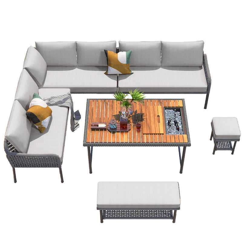 Ensemble de mobilier de jardin en corde 6 pièces, canapé d'angle d'extérieur en forme de L, table en bois avec glacière intégrée, fauteuil et banc en corde