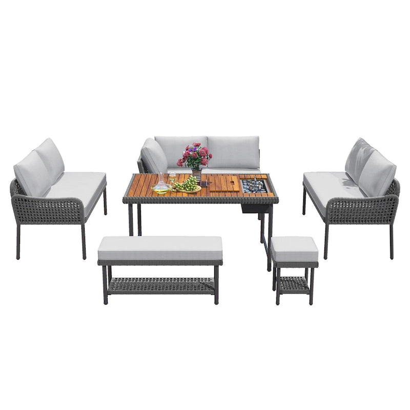 Ensemble de mobilier de jardin en corde 6 pièces, canapé d'angle d'extérieur en forme de L, table en bois avec glacière intégrée, fauteuil et banc en corde