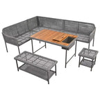 Ensemble de mobilier de jardin en corde 6 pièces, canapé d'angle d'extérieur en forme de L, table en bois avec glacière intégrée, fauteuil et banc en corde