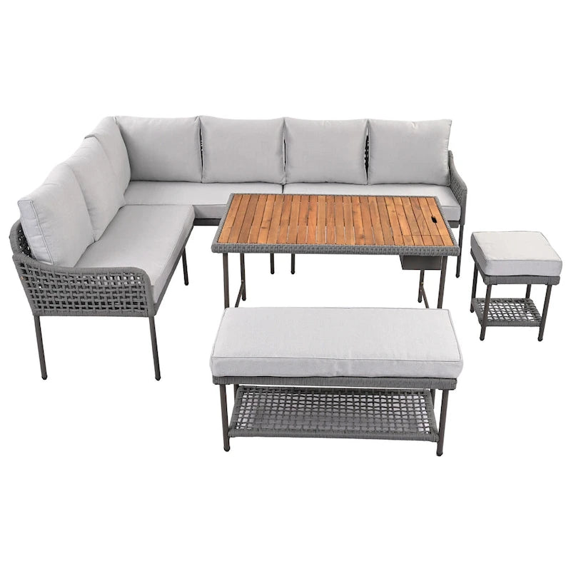 Ensemble de mobilier de jardin en corde 6 pièces, canapé d'angle d'extérieur en forme de L, table en bois avec glacière intégrée, fauteuil et banc en corde