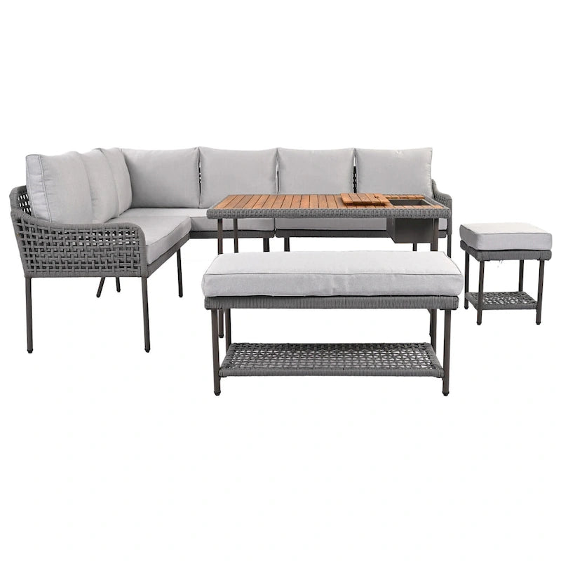 Ensemble de mobilier de jardin en corde 6 pièces, canapé d'angle d'extérieur en forme de L, table en bois avec glacière intégrée, fauteuil et banc en corde