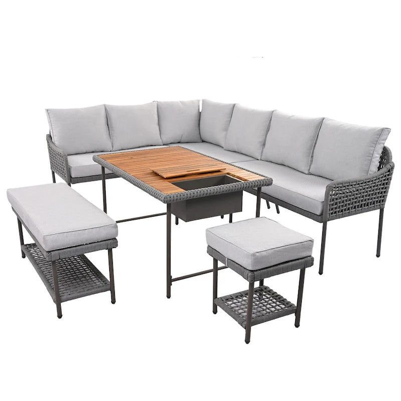 Ensemble de mobilier de jardin en corde 6 pièces, canapé d'angle d'extérieur en forme de L, table en bois avec glacière intégrée, fauteuil et banc en corde