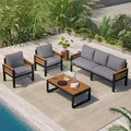 Ensemble de canapé d'angle d'extérieur 4 pièces, mobilier de jardin résistant aux intempéries avec coussins et table basse en bois massif