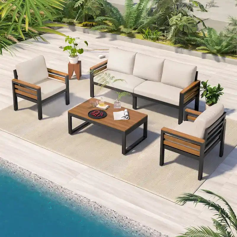 Ensemble de canapé d'angle d'extérieur 4 pièces, mobilier de jardin résistant aux intempéries avec coussins et table basse en bois massif