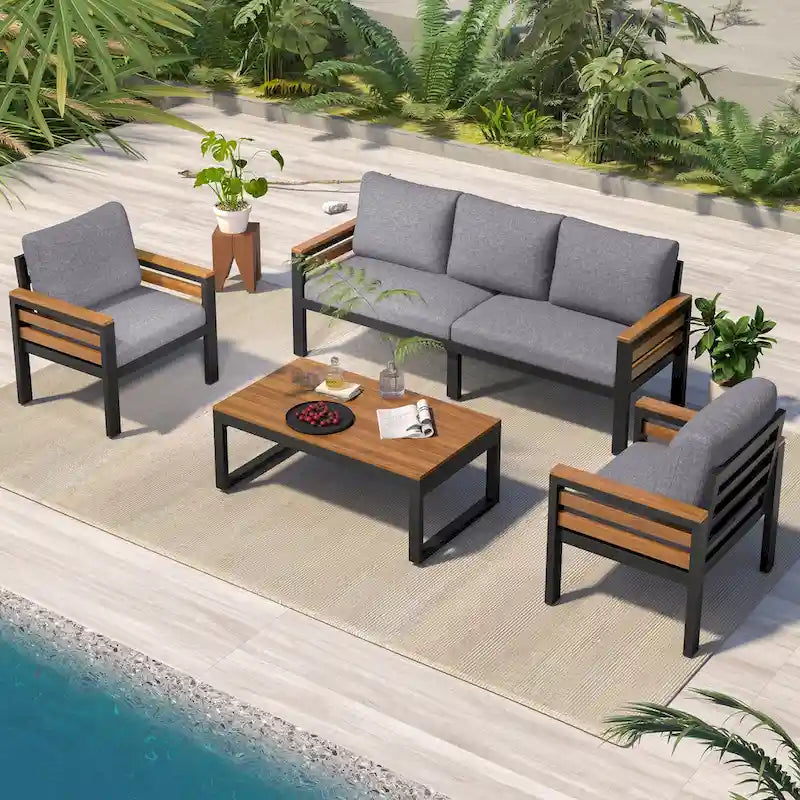 Ensemble de canapé d'angle d'extérieur 4 pièces, mobilier de jardin résistant aux intempéries avec coussins et table basse en bois massif