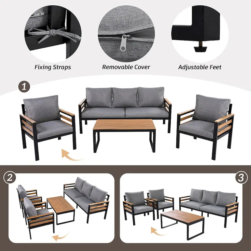 Ensemble de canapé d'angle d'extérieur 4 pièces, mobilier de jardin résistant aux intempéries avec coussins et table basse en bois massif
