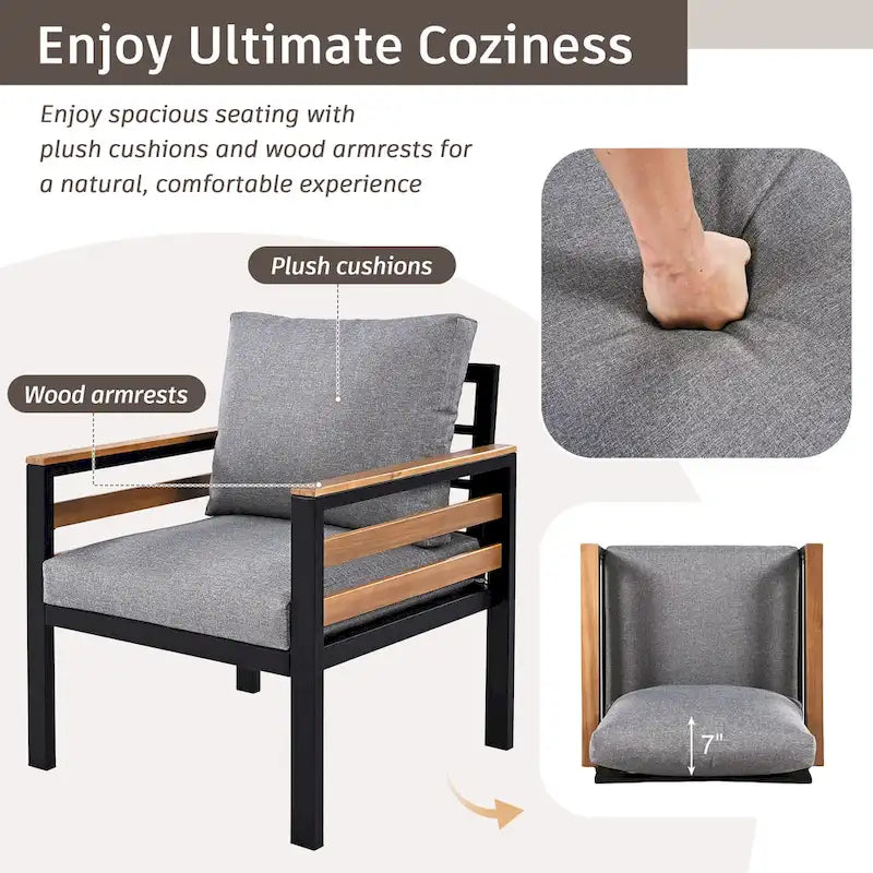 Ensemble de canapé d'angle d'extérieur 4 pièces, mobilier de jardin résistant aux intempéries avec coussins et table basse en bois massif