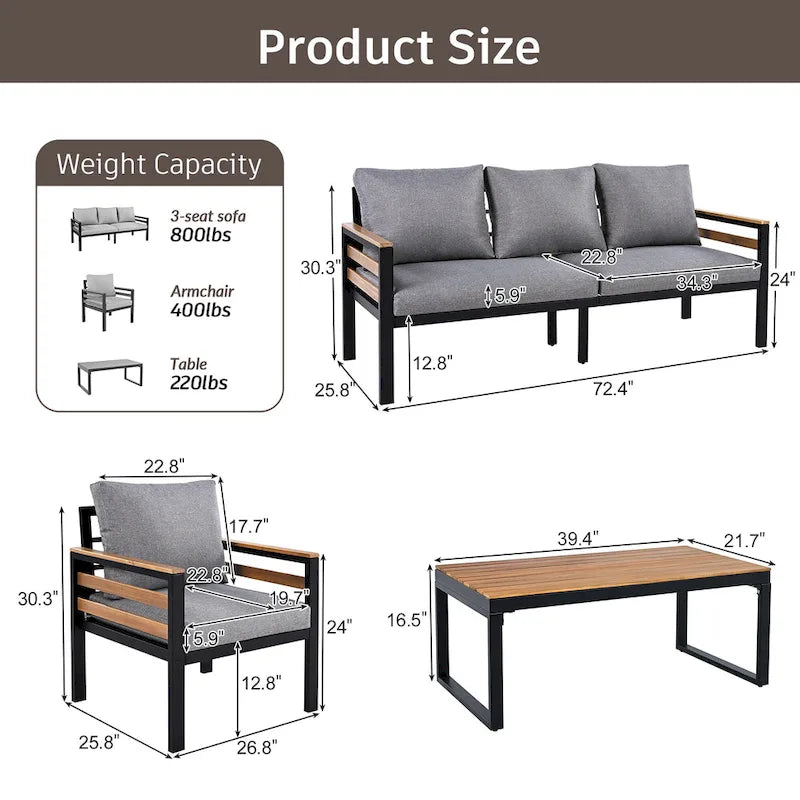 Ensemble de canapé d'angle d'extérieur 4 pièces, mobilier de jardin résistant aux intempéries avec coussins et table basse en bois massif