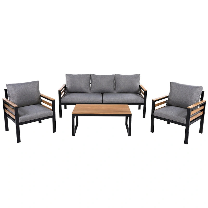 Ensemble de canapé d'angle d'extérieur 4 pièces, mobilier de jardin résistant aux intempéries avec coussins et table basse en bois massif