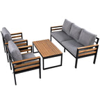 Ensemble de canapé d'angle d'extérieur 4 pièces, mobilier de jardin résistant aux intempéries avec coussins et table basse en bois massif