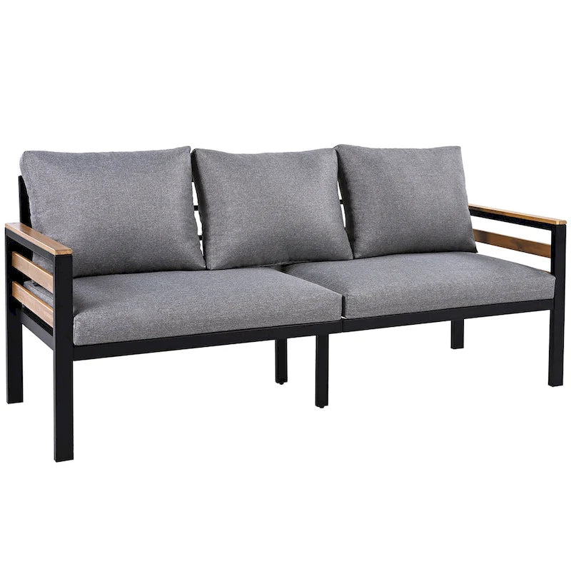 Ensemble de canapé d'angle d'extérieur 4 pièces, mobilier de jardin résistant aux intempéries avec coussins et table basse en bois massif