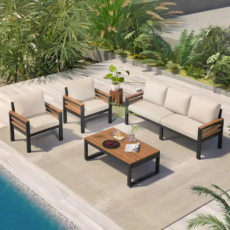 Ensemble de canapé d'angle d'extérieur 4 pièces, mobilier de jardin résistant aux intempéries avec coussins et table basse en bois massif