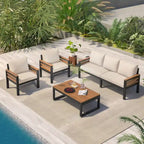 Ensemble de canapé d'angle d'extérieur 4 pièces, mobilier de jardin résistant aux intempéries avec coussins et table basse en bois massif